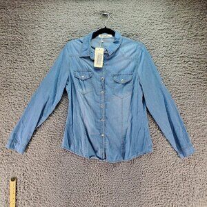 Girl Vivi Top Womens 12 Blue Chambray Denim Button-Up Shirt Long Sleeve *NWT*